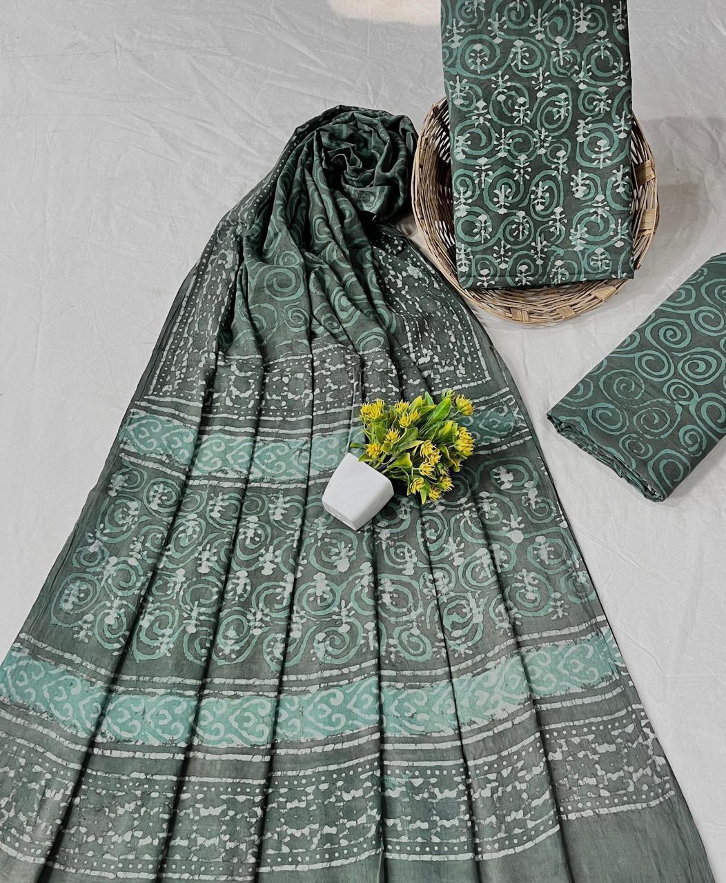 Wholesale Handblock Printed Cotton Mul Dress Material Set with Mul Dupatta – Grey Blue Color, Artisan-Crafted in Rajasthan for Designers, Boutiques, and Bulk Orders